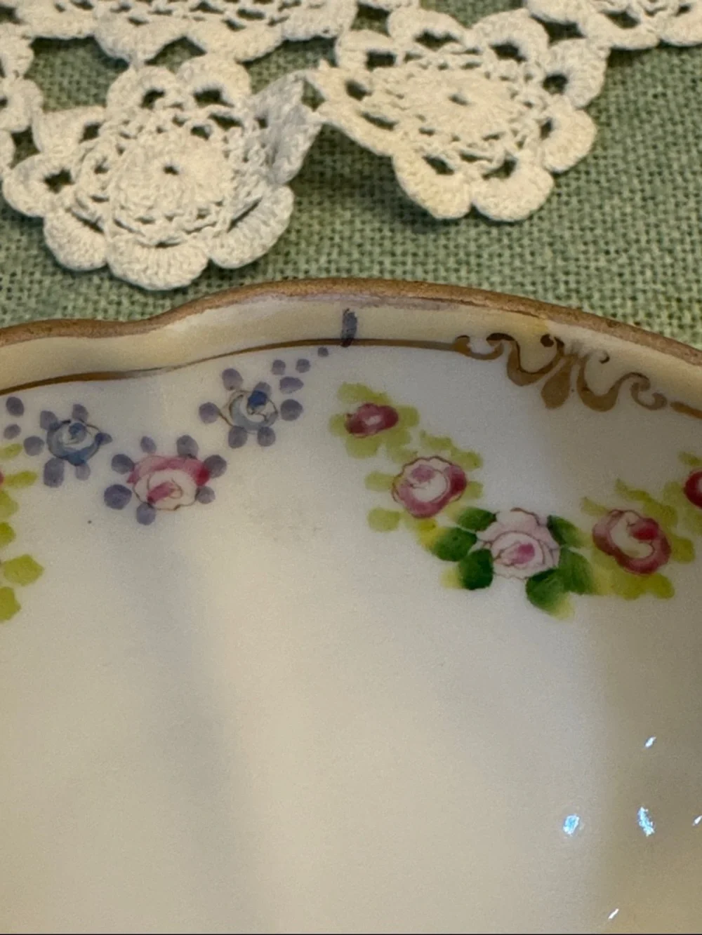 Vintage Nippon Porcelain Footed White Bowl with Pink, Green & gold-like accents